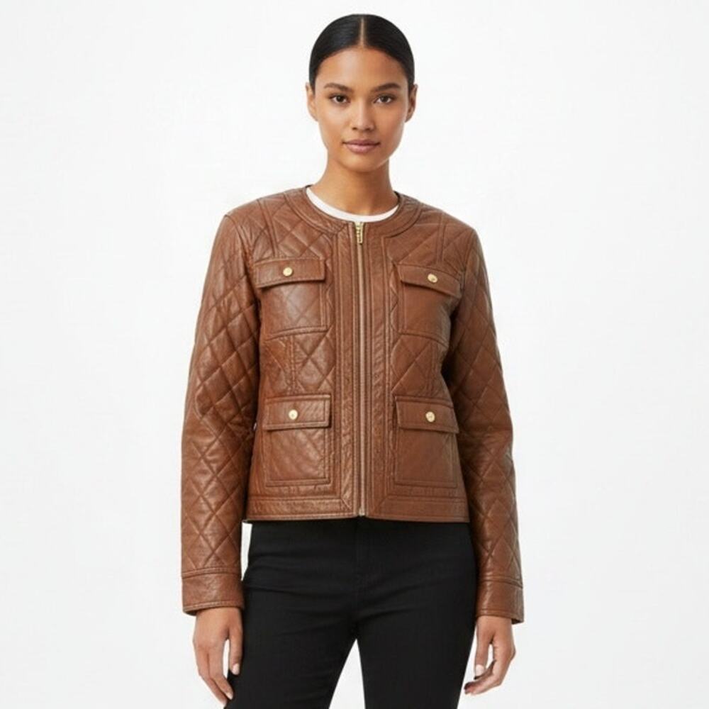 TOMMY HILFIGER Women's  Vegan Faux-Leather Jacket Brown Size M
